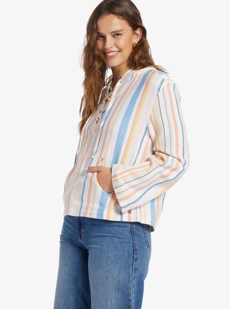 Chandails En Molleton Roxy Cabo Trip Encapuchonné Poncho Femme Blanche Stripes | 602378UNA
