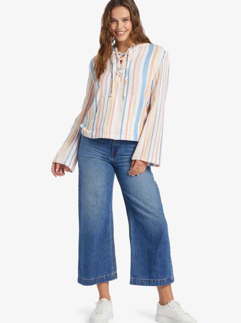 Chandails En Molleton Roxy Cabo Trip Encapuchonné Poncho Femme Blanche Stripes | 602378UNA