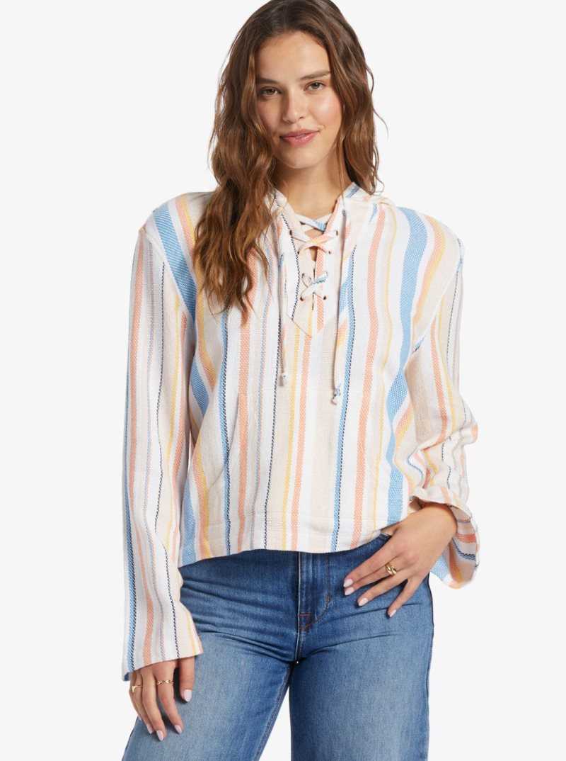 Chandails En Molleton Roxy Cabo Trip Encapuchonné Poncho Femme Blanche Stripes | 602378UNA