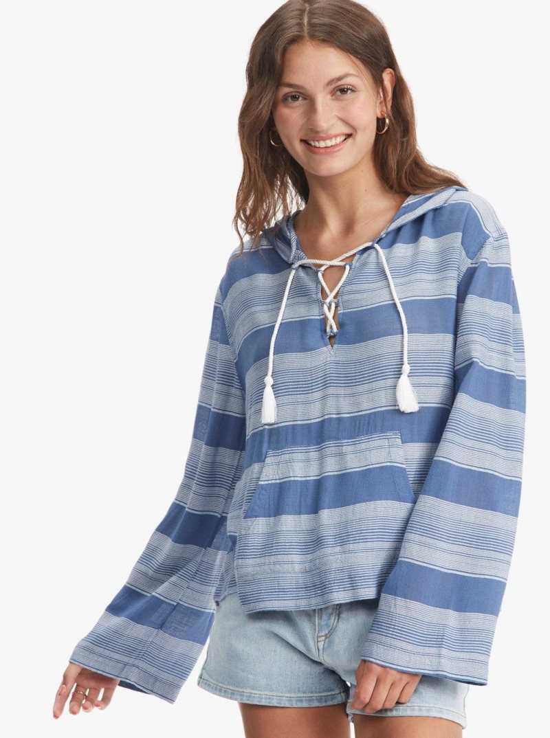 Chandails En Molleton Roxy Head On Over Poncho Hoodie Femme Bleu Stripes | 074352QGZ