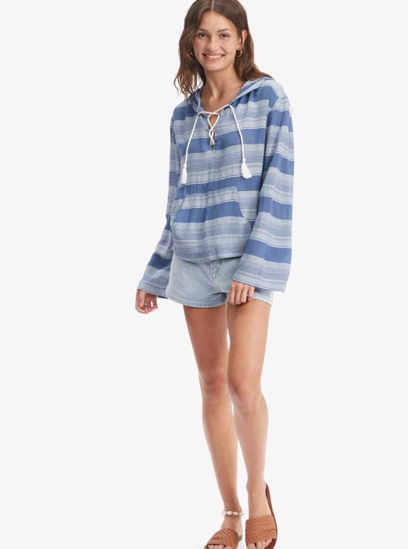 Chandails En Molleton Roxy Head On Over Poncho Hoodie Femme Bleu Stripes | 074352QGZ