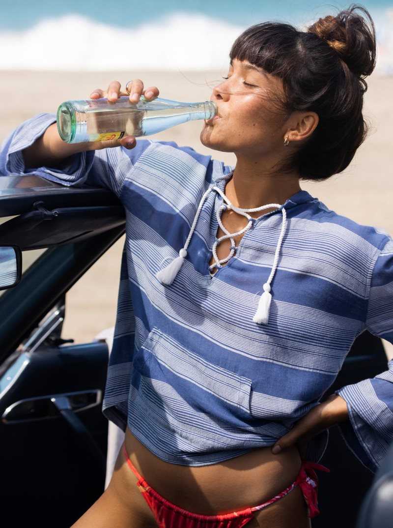 Chandails En Molleton Roxy Head On Over Poncho Hoodie Femme Bleu Stripes | 074352QGZ