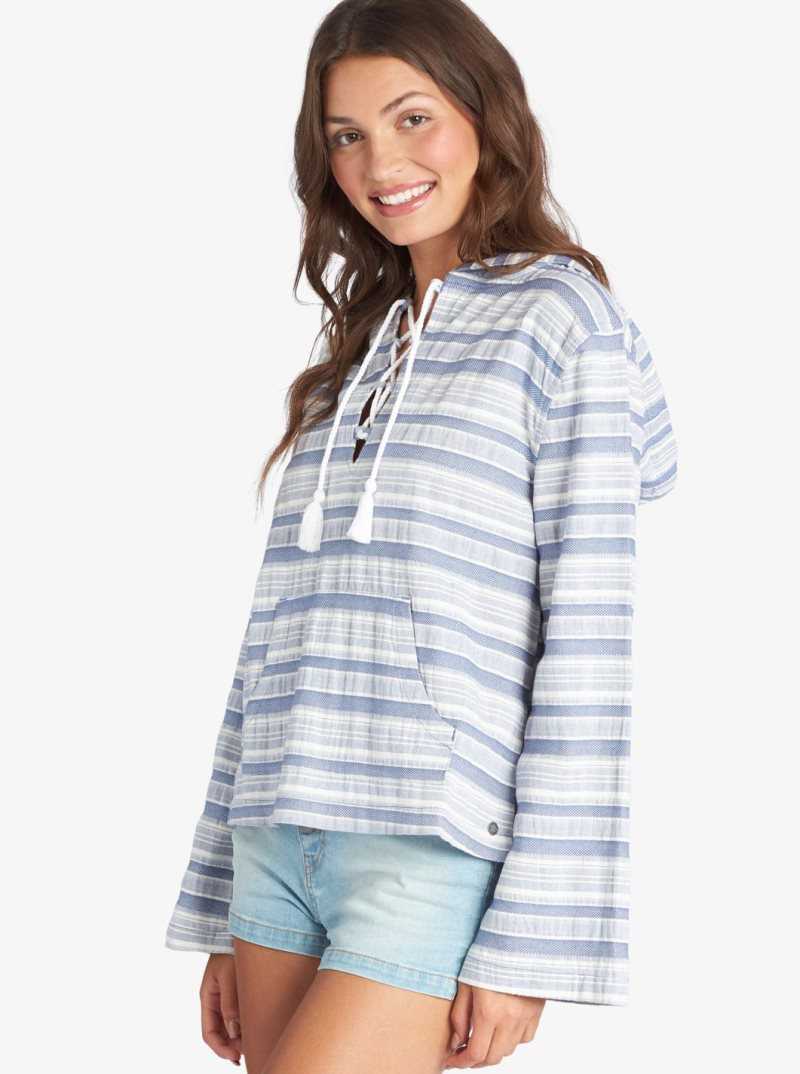 Chandails En Molleton Roxy Paradise Calling Woven Poncho Hoodie Femme Bleu Stripes | 670895NAT