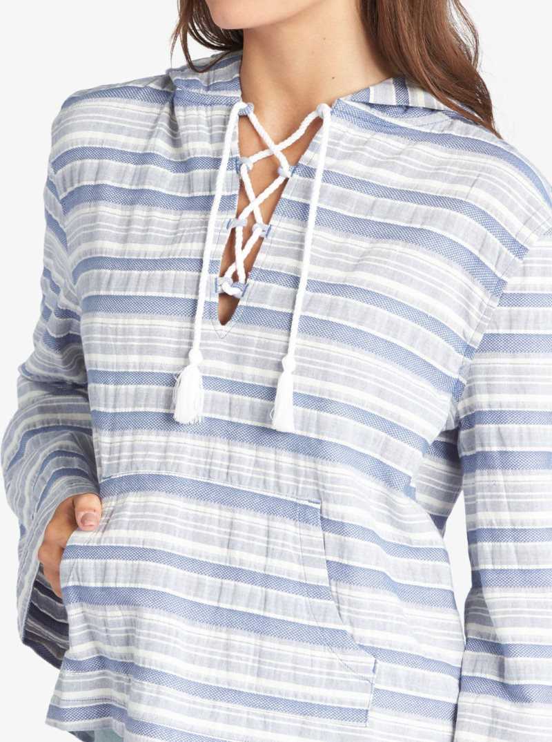 Chandails En Molleton Roxy Paradise Calling Woven Poncho Hoodie Femme Bleu Stripes | 670895NAT