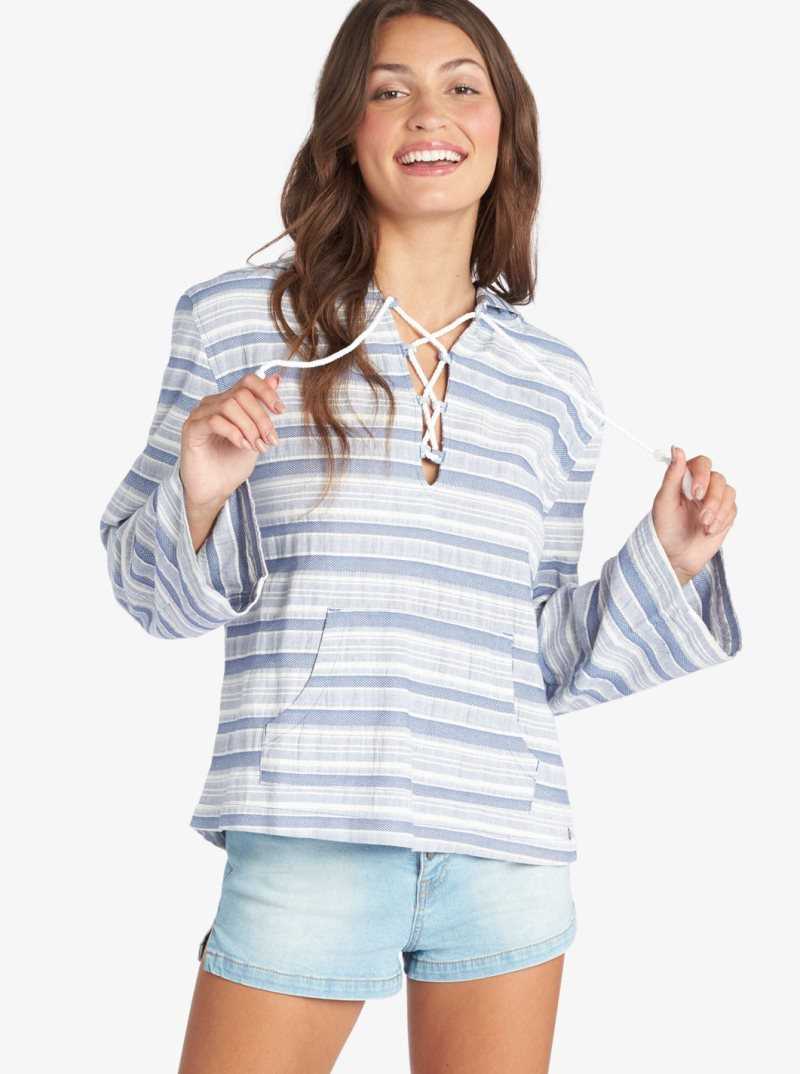 Chandails En Molleton Roxy Paradise Calling Woven Poncho Hoodie Femme Bleu Stripes | 670895NAT