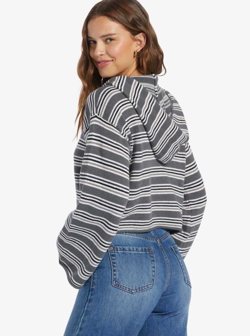 Chandails Roxy Side Swipe Poncho Hoodie Femme Grise Foncé Stripes | 428015WUP