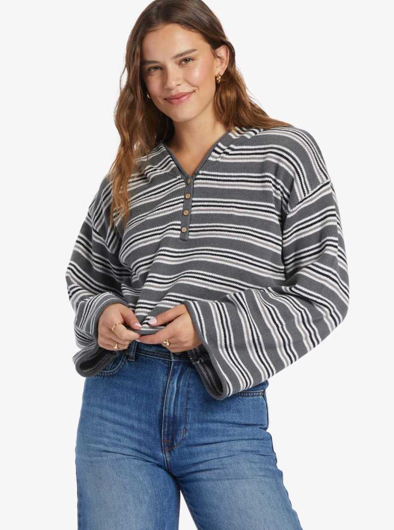 Chandails Roxy Side Swipe Poncho Hoodie Femme Grise Foncé Stripes | 428015WUP