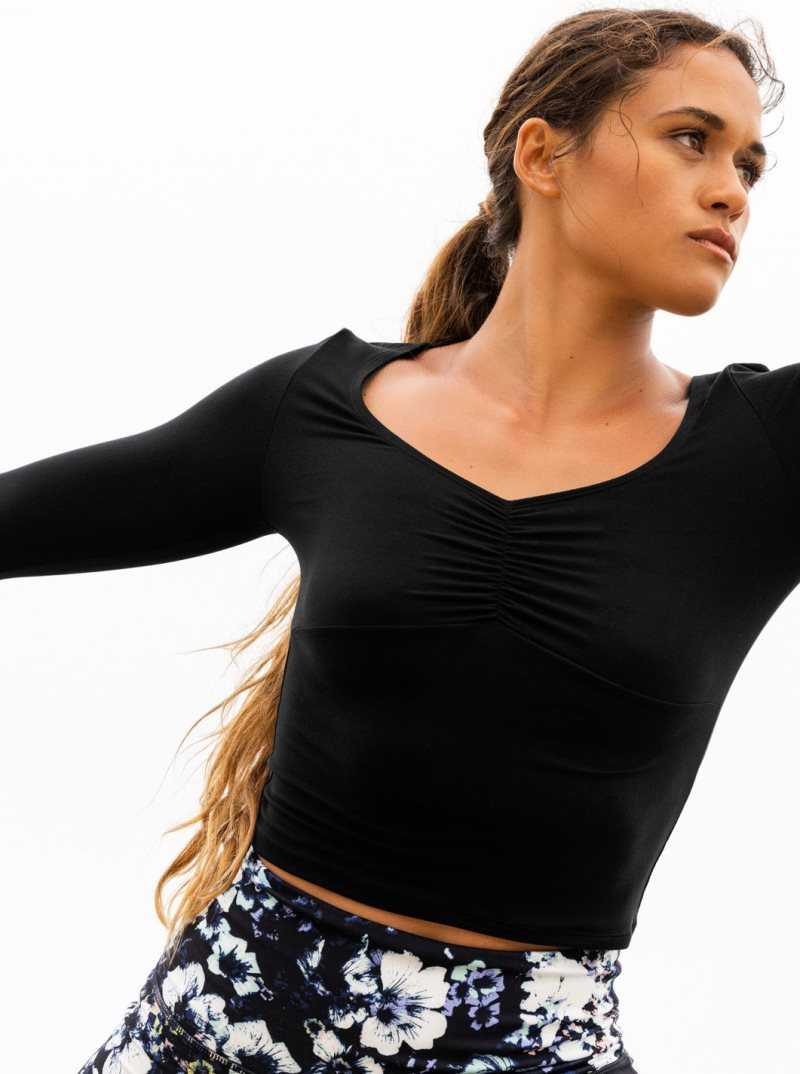 Hauts Roxy Flirty Run Ruched Long Sleeve Sports Femme Grise Foncé | 469501YTJ