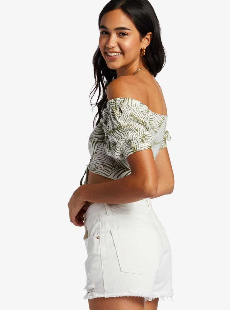 Hauts Roxy Flirty Walk Printed Ruched Cropped With Puff Sleeves Femme | 502841TSL
