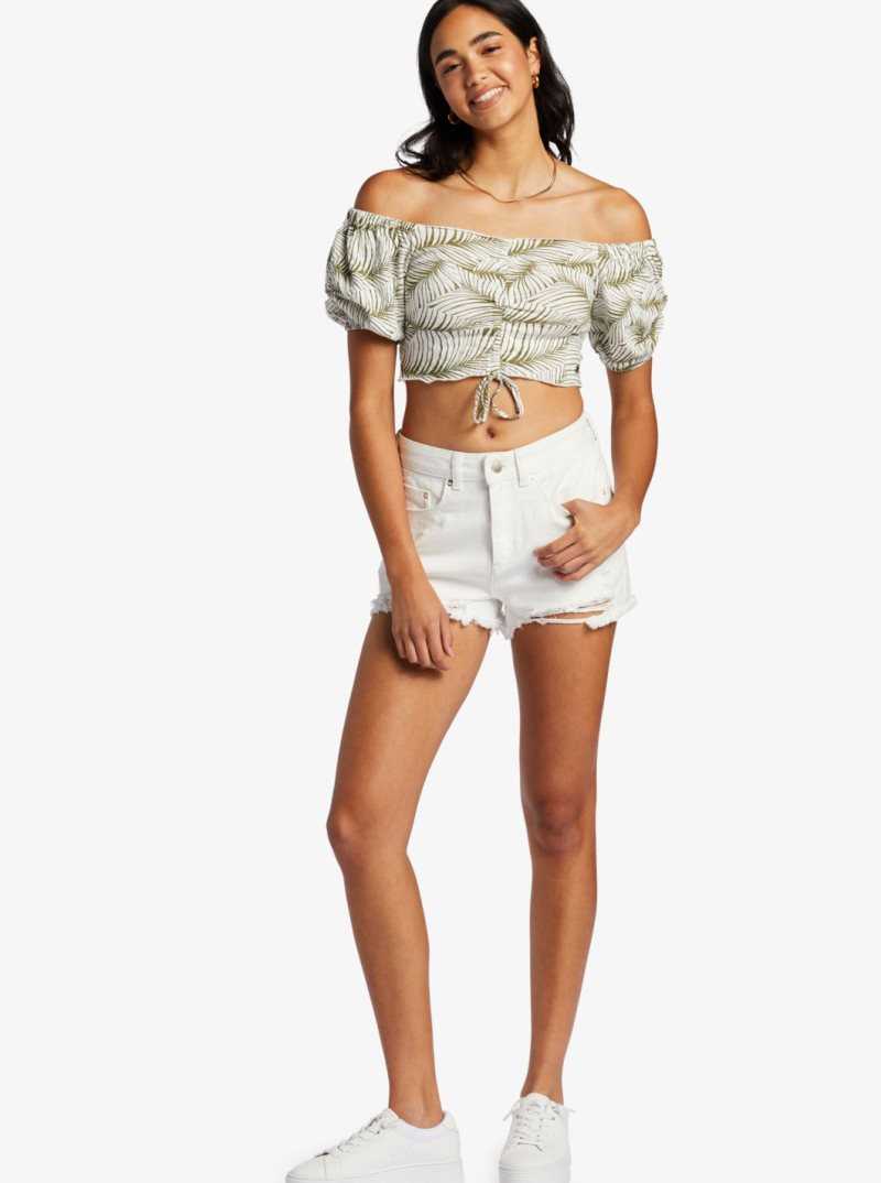 Hauts Roxy Flirty Walk Printed Ruched Cropped With Puff Sleeves Femme | 502841TSL