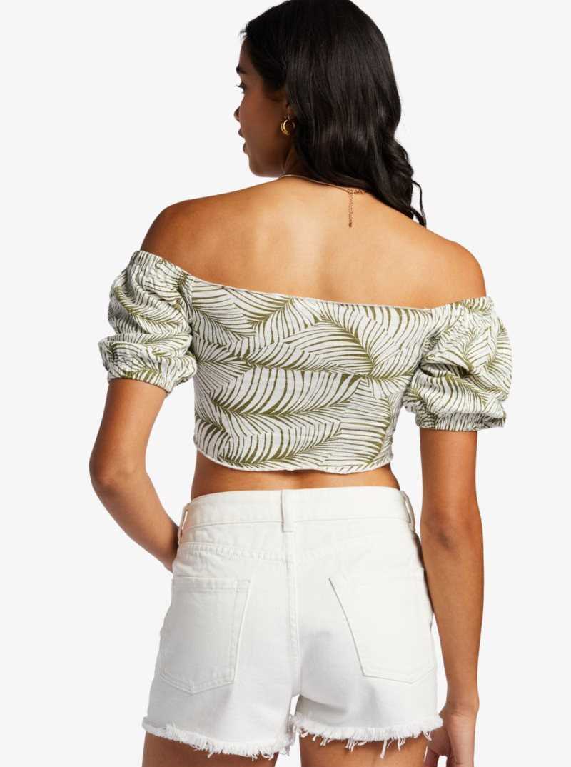 Hauts Roxy Flirty Walk Printed Ruched Cropped With Puff Sleeves Femme | 502841TSL