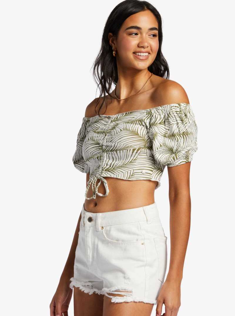 Hauts Roxy Flirty Walk Printed Ruched Cropped With Puff Sleeves Femme | 502841TSL