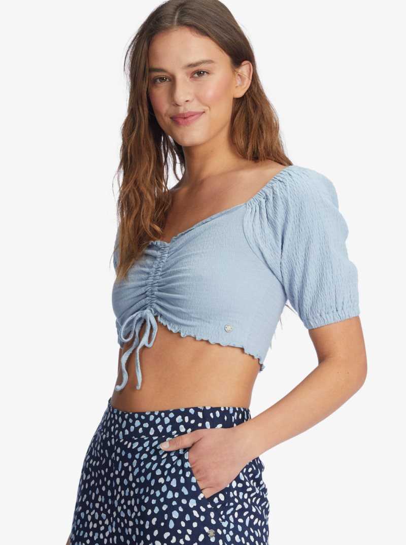 Hauts Roxy Flirty Walk Puff Sleeve Crop Femme Bleu | 964571FRX