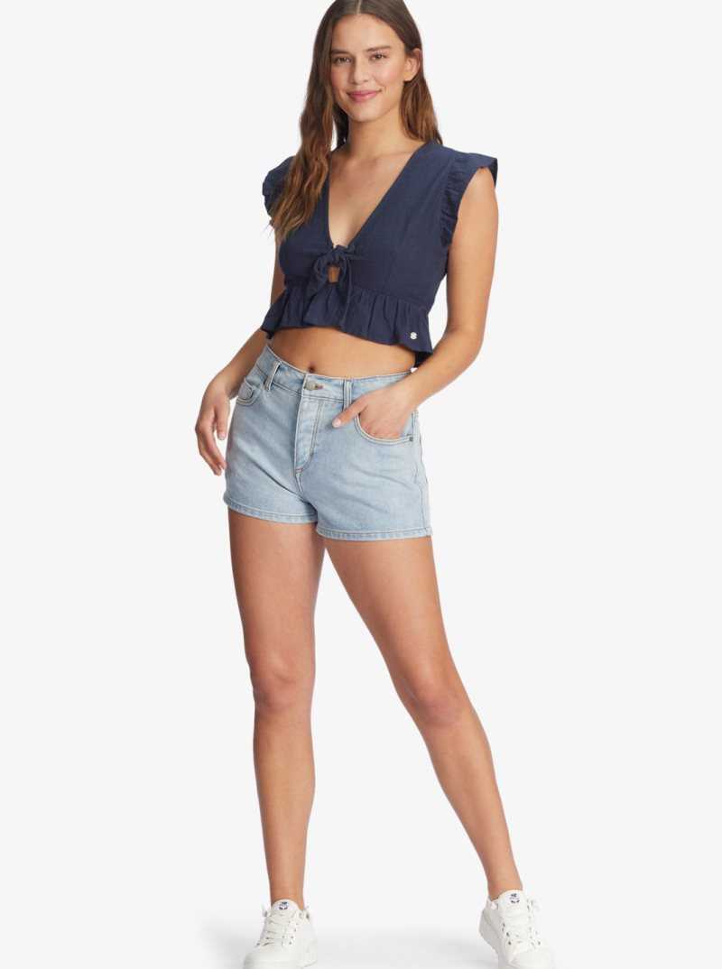 Hauts Roxy Sweetest Love Corta Sleeve Crop Femme Indigo | 215746RDM