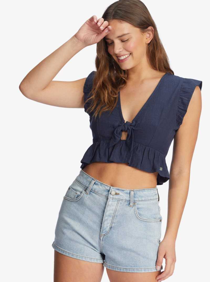 Hauts Roxy Sweetest Love Corta Sleeve Crop Femme Indigo | 215746RDM