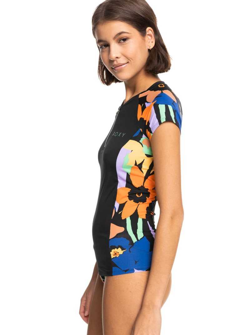 Rashguards Roxy Caps Sleeve Corta Sleeve Zip-Up Femme Grise Foncé Fleur | 175908OQE