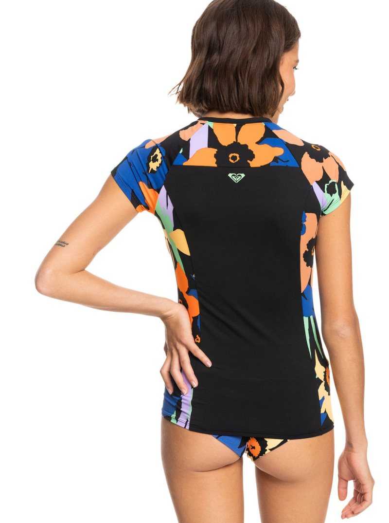 Rashguards Roxy Caps Sleeve Corta Sleeve Zip-Up Femme Grise Foncé Fleur | 175908OQE