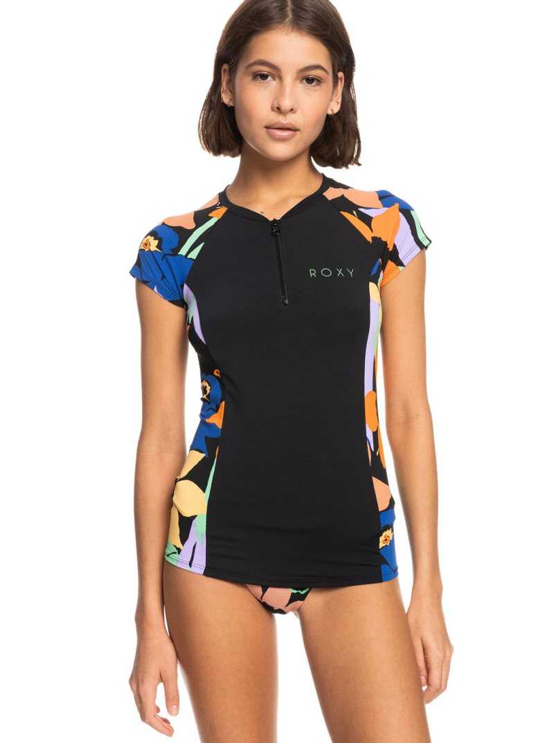 Rashguards Roxy Caps Sleeve Corta Sleeve Zip-Up Femme Grise Foncé Fleur | 175908OQE