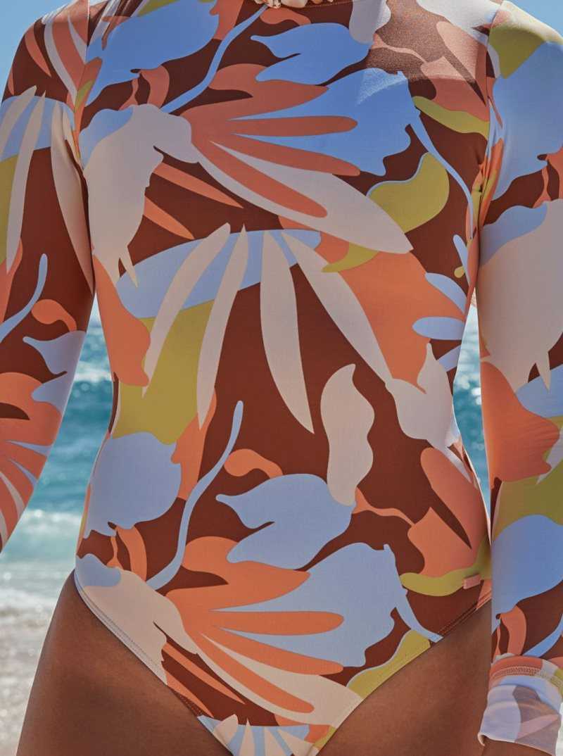 Rashguards Roxy Floraldelic Printed Long Sleeve UPF 50 Swimsuit Femme Marron | 841957GUZ
