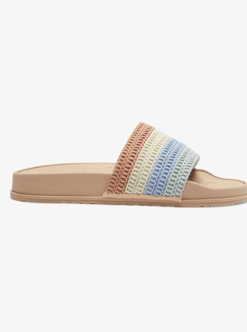 Sandales Roxy Slippy Crochet Femme Bleu Clair Marron | 967450VNK
