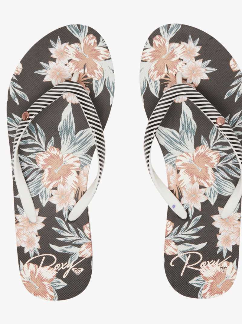 Tong Roxy Portofino Femme Blanche Noir Fleur | 824035HFM