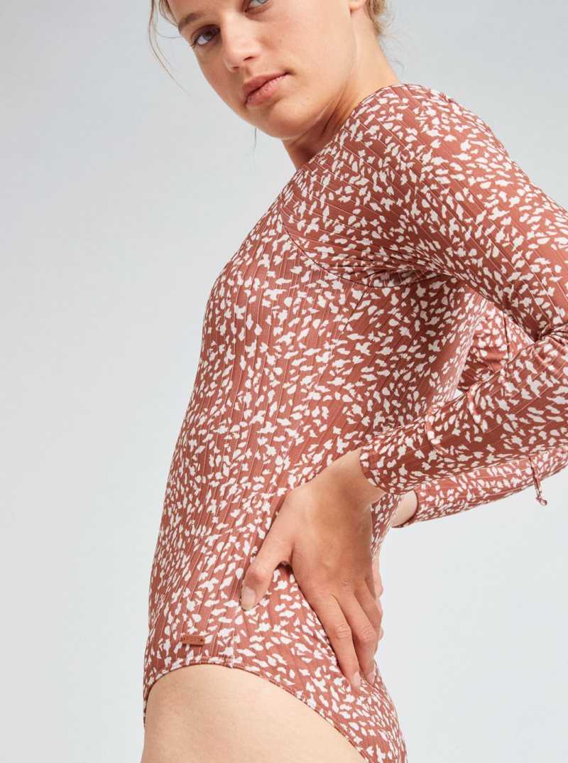 Une pièce Roxy Love Printed Long Sleeve UPF 50 Swimsuit Femme Marron | 648570DAK