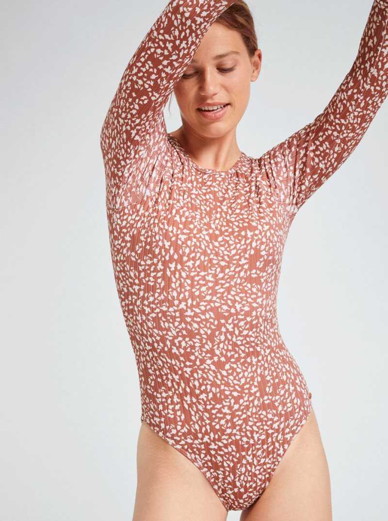 Une pièce Roxy Love Printed Long Sleeve UPF 50 Swimsuit Femme Marron | 648570DAK