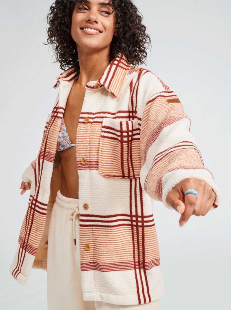 Vestes Roxy Next Adventure Printed Oversized Fleece Shacket Femme Blanche | 590641CQE