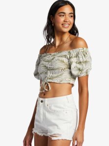Hauts Roxy Flirty Walk Printed Ruched Cropped With Puff Sleeves Femme | 502841TSL
